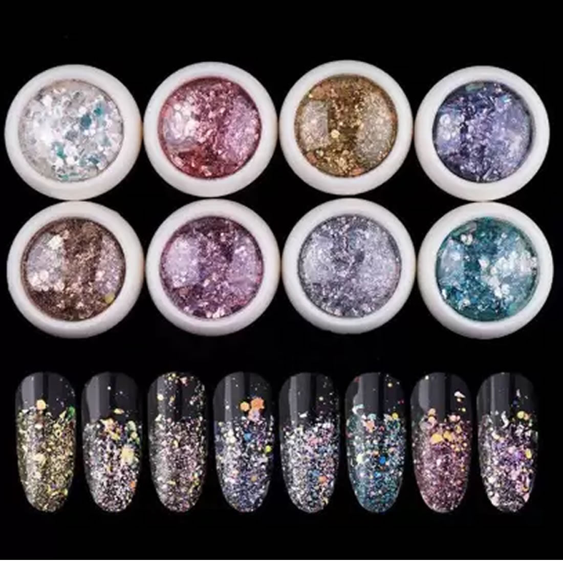 Gleevia 8Pcs Nail Glitter Sequins Chrome Powder DIY Nail Decal Manicure for Laser Nail Polish